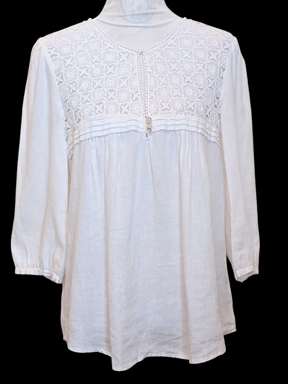 Linen Babydoll White Blouse Top Crochet Sheer Peasant Cottage Coquette Medium